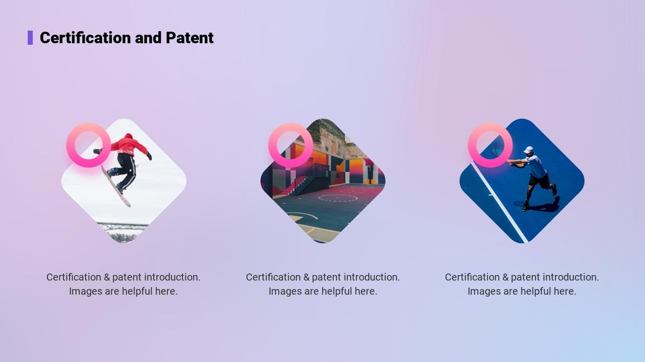 粉紫色渐变体育运功器械产品公司介绍PPT-Certification and Patent<br>
