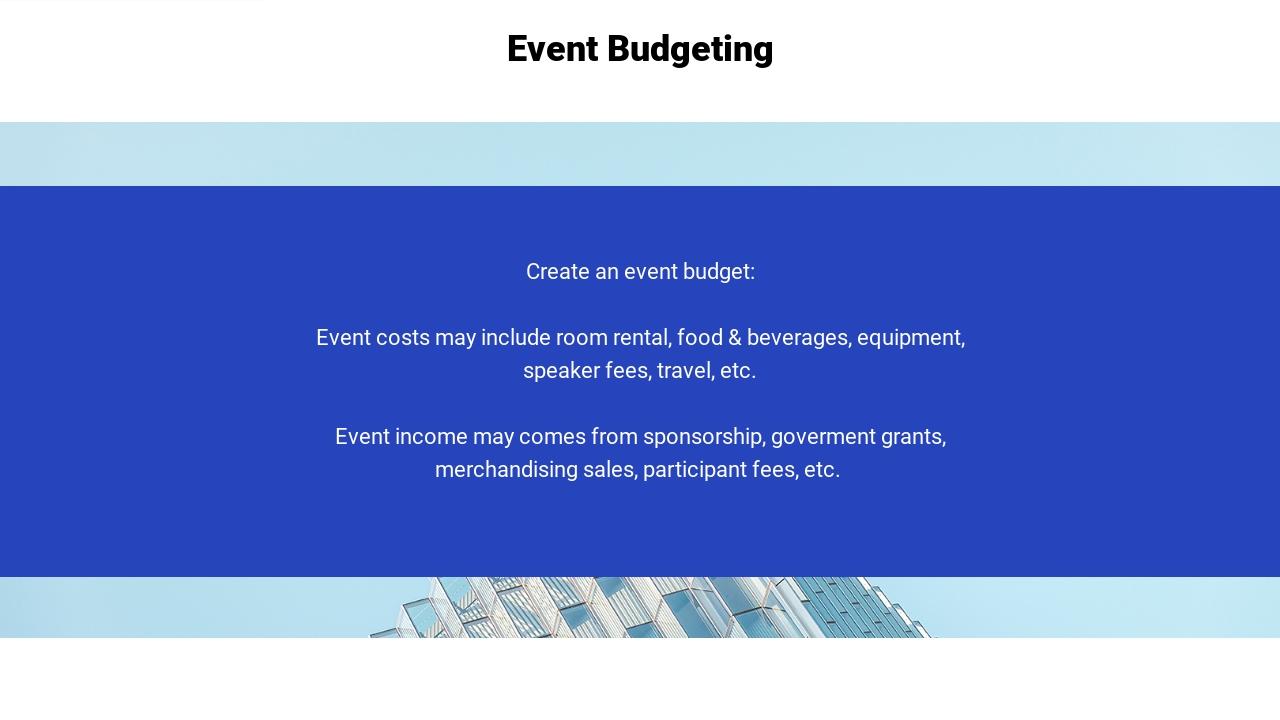 大气建筑背景商务活动运营方案PPT-Event Budgeting