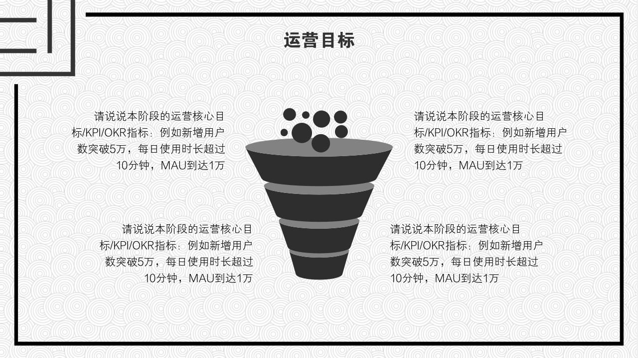 黑白圆圈底纹项目运营方案PPT模版-运营目标