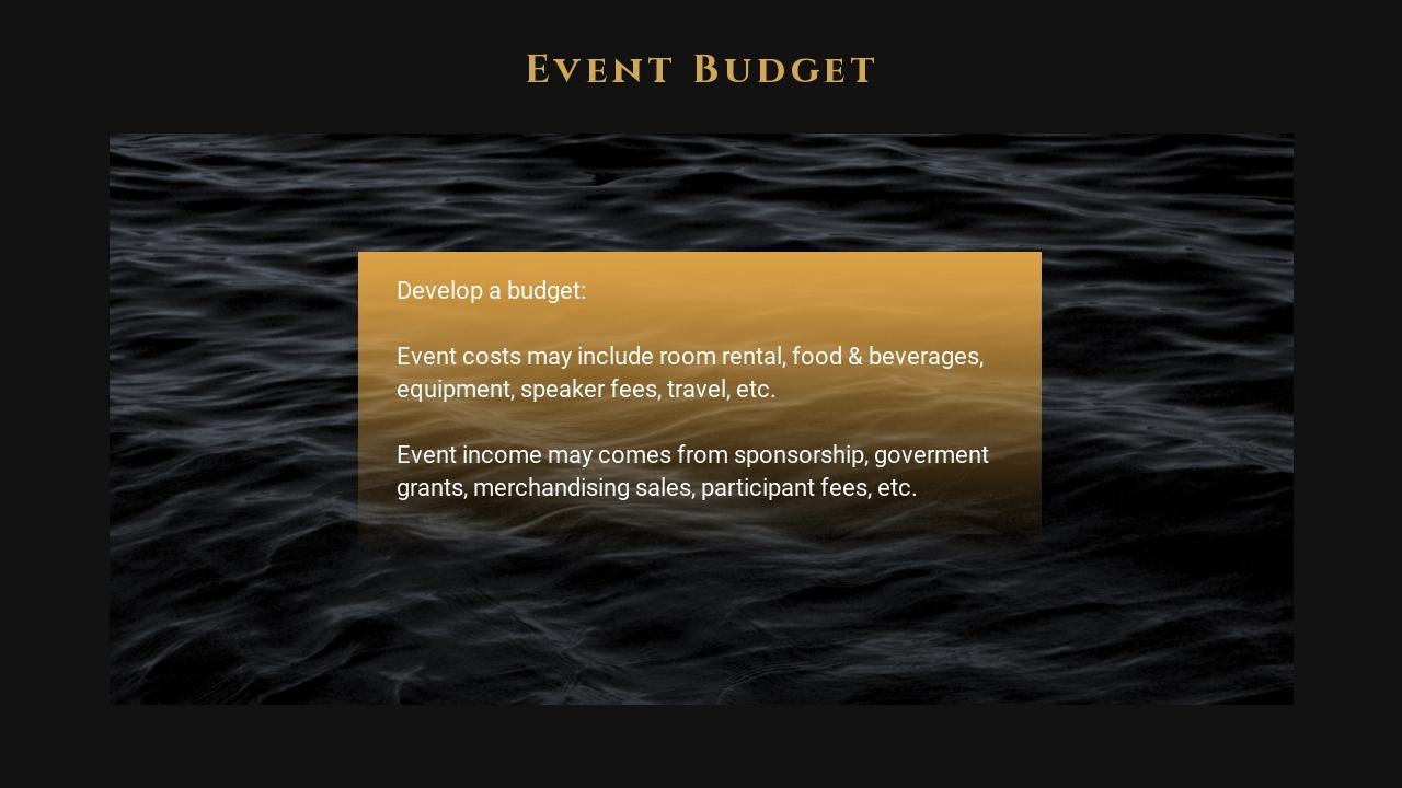黑金大气金融行业活动策划方案英文PPT模板-Event Budget